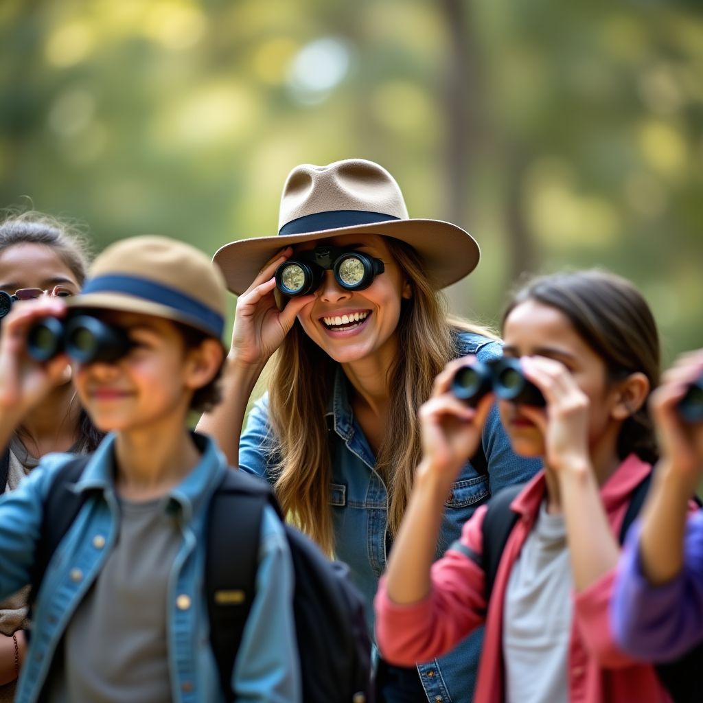 School teacher with students birdwatching